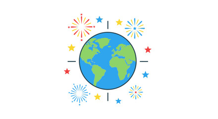 Celebratory globe icon design featuring global unity with festive fireworks