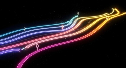 Neon-colored winding paths in pink, orange, yellow, and blue evoke a dynamic, futuristic feel on a black background. Pinpoints suggest navigation.