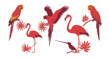 Illustration of tropical birds including parrots flamingos and a hummingbird with foliage
