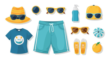 Cartoon illustration showcasing beach vacation essentials for a sunny getaway adventure