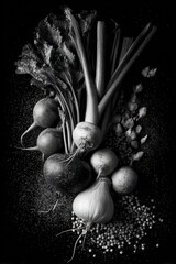 Monochrome Still Life - A Study of Root Vegetables and Spices.