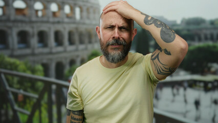 Bald bearded man in tattooed arms distressed outdoors by roman coliseum.