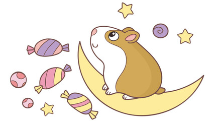 Creative SVG: Dreamy Guinea pig with sitting on a moon in a Candy Shop colored Birthday theme