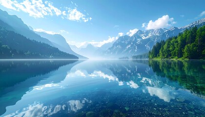 Serene mountain lake reflecting a clear sky and snow-capped peaks (2)