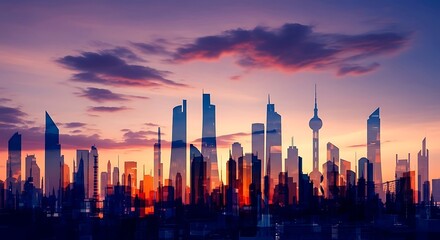 Fototapeta premium City skyline silhouette at sunset with vibrant colors.