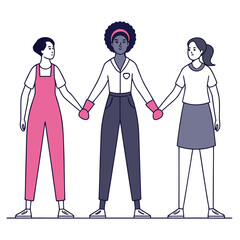 Diverse women wearing gloves hold hands in solidarity against white transparent background