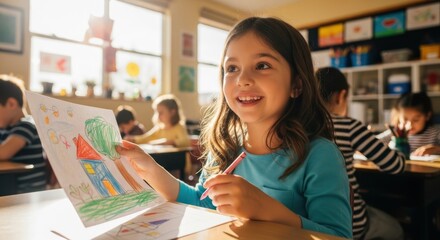 Bright and cheerful classroom scene with a young girl holding a drawing sheet and pink crayon, radiating joy and creativity in natural light.