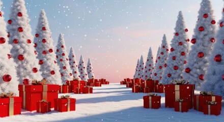 Magical winter scene with snow-covered evergreens, red ornaments, and scattered red gifts on soft snow under a pastel sky with falling snowflakes.