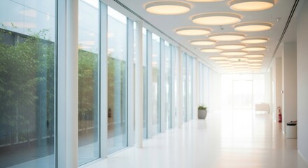 Spacious modern interior with large glass windows floods the space with natural light, featuring polished floors and warm circular ceiling lights.
