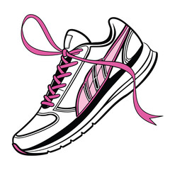 Isolated sporty white running shoe with untied pink laces floats on white