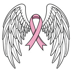 Pink breast cancer awareness ribbon features majestic angel wings against transparent backdrop