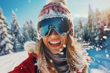 Joyful woman skiing in a snowy forest, capturing winter fun on a bright blue day