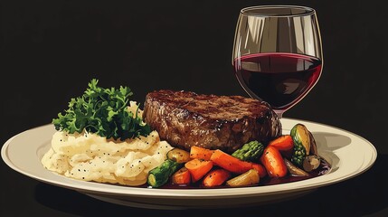 Gourmet steak dinner plated alongside truffle mashed potatoes, sauteed vegetables, and a glass of red wine.