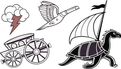 Whimsical fantasy adventure awaits with turtle ship, flying goose, storm cloud, and carriage, perfect for storybooks, games, and imaginative projects