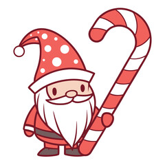 Cute cartoon Santa Claus holds a large red and white candy cane, isolated