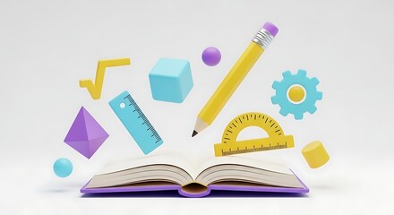 3D Rendering of Math and Science Symbols Floating Above an Open Book