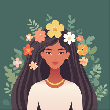 Portrait jolie femme &agrave; la peau mate, longue chevelure brune, de fleurs dans les cheveux, isol&eacute; sur fond vert 