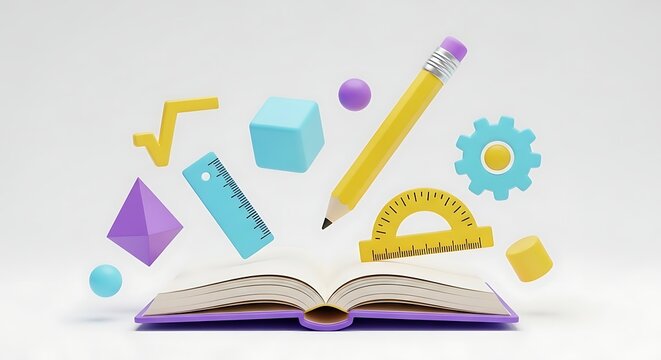 3D Rendering of Math and Science Symbols Floating Above an Open Book