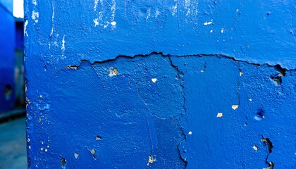 Weathered blue painted surface with cracks and pitting