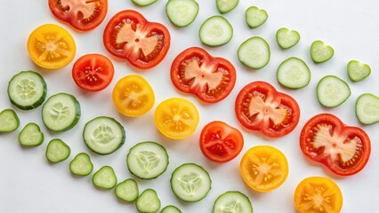 Colorful arrangement of sliced tomatoes and cucumbers on white