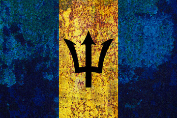 Distressed Barbados flag featuring a black trident on a golden field with blue stripes, conveying a sense of history and weathered resilience in a uniquely textured presentation.