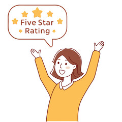 Smiling Caucasian woman celebrates with open arms about five star rating announcement