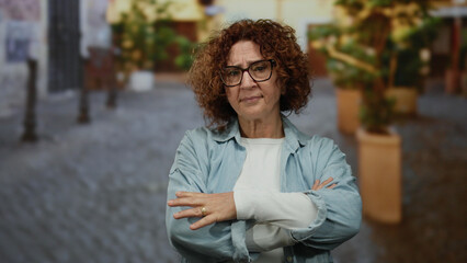 Fototapeta premium Middle-aged hispanic woman with curly hair and glasses stands on a city street, arms crossed and looking serious, with blurred outdoor urban background.