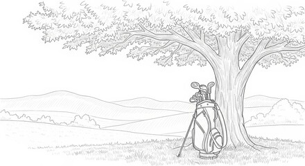 Obraz premium sketch of golf bag with clubs leaning against tree in serene landscape with rolling hills in the background. national golf month. sports illustration, print design, poster.