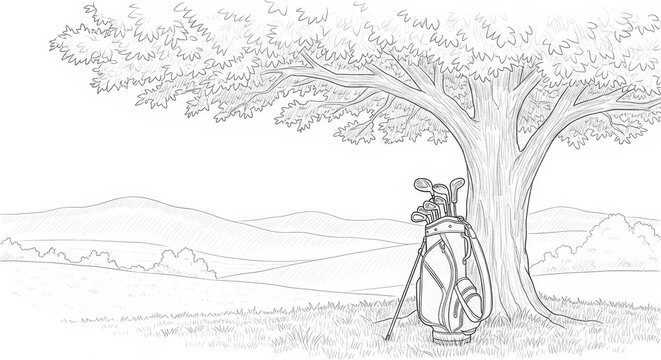 sketch of golf bag with clubs leaning against tree in serene landscape with rolling hills in the background. national golf month. sports illustration, print design, poster.