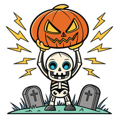 Happy cartoon skeleton powerfully lifts orange jackolantern amidst yellow lightning bolts in graveyard