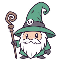 Cartoon wizard with a green hat and staff stands on a transparent background