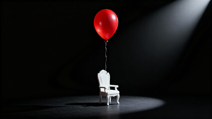Small White Empty Throne Chair Lifted by a Single Red Balloon Under a Spotlight on a Dark Stage, Symbolizing Power or Absence