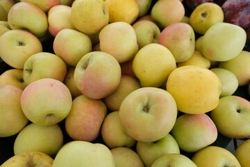 Collection of fresh apples piled together on a green tray or crate, likely at a market or produce stand.