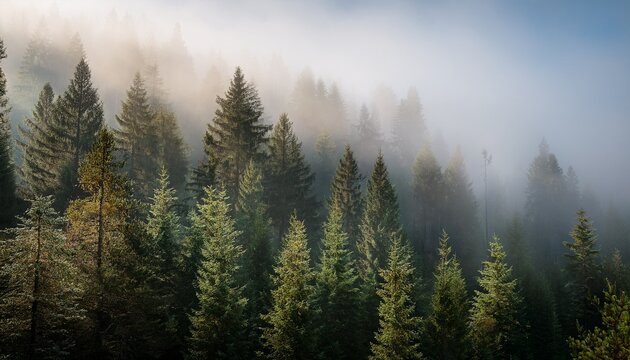 Foggy Pine Forest Dense Pine Forest In Morning Mist