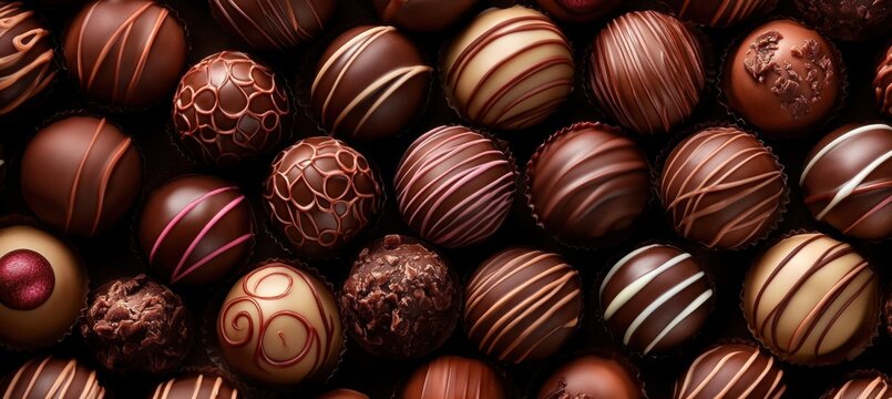 Close-up large group chocolate truffles truffels are arranged Overhead View of Delicious