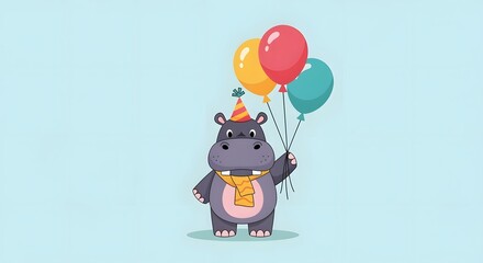 Cartoon hippo clipart character with balloon party element, perfect for festive posters and creative layouts