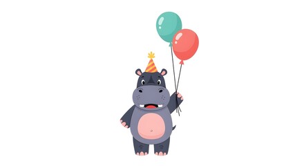 Cute cartoon hippo clipart holding a balloon, playful theme