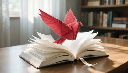 Red Origami Bird Flying Out of an Open Book on a Wooden Desk in a Library, Symbolizing Imagination, Storytelling, and Education