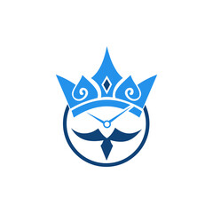 Blue logo featuring a crown, clock hands, and a stylized mustache within a circle.