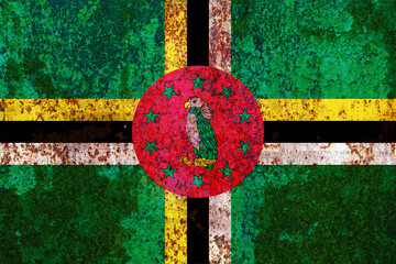 Distressed Dominica flag with a textured effect showing wear and age, rendered in vivid green,...