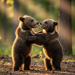 Obraz premium Two Brown Bear Cubs Playful Interaction.