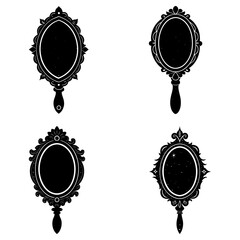 Illustration of four ornate hand mirrors with different designs in a black and white monochrome style