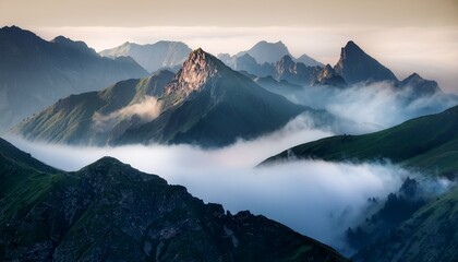 A Misty Mountain Range With Peaks Shrouded In Fog