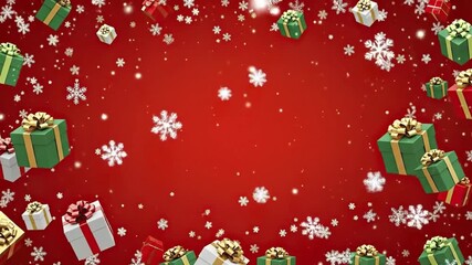Wrapped gift boxes and white snowflakes floating against a vibrant red background with a central copy space - Powered by Adobe