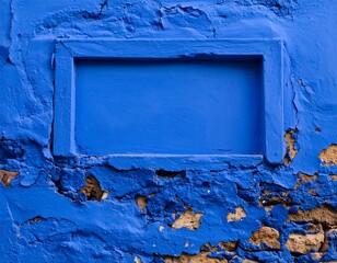 Weathered blue wall with recessed rectangular panel