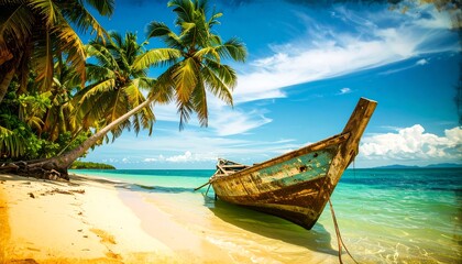 Weathered boat rests on a tranquil, tropical beach under a vibrant sky