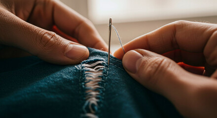Close-up of hands repairing torn denim with needle and thread, representing sewing, mending clothes, craftsmanship, and sustainable fashion practices.