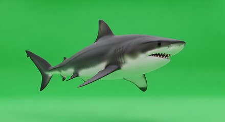Fototapeta premium Great white shark swimming on a vibrant green screen background, ready for compositing into various scenes.
