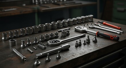 Fototapeta premium Organized Socket Set on Metal Work Bench