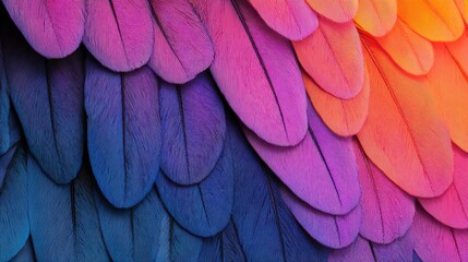 Naklejka premium Vibrant close-up of colorful feather textures showcasing a gradient of hues from purple to orange